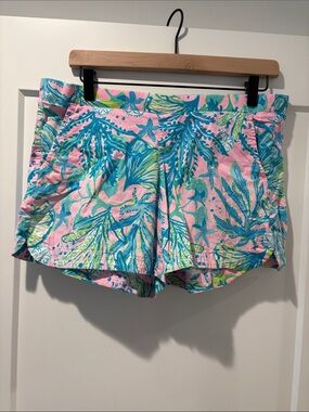 Lilly Pulitzer Pink Tropical-Leaf High-Waist Shorts with Turquoise & Lime